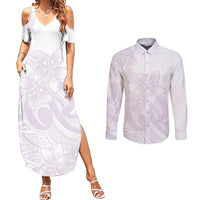 Polynesian Tribal Plumeria Lotu Tamaiti Couples Matching Summer Maxi Dress and Long Sleeve Button Shirt Pastel Mauve - Polynesian Pride
