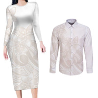 Polynesian Tribal Plumeria Lotu Tamaiti Couples Matching Long Sleeve Bodycon Dress and Long Sleeve Button Shirt Pastel Nude - Polynesian Pride