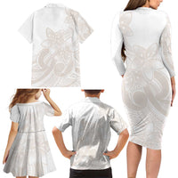 Polynesian Tribal Plumeria Lotu Tamaiti Family Matching Long Sleeve Bodycon Dress and Hawaiian Shirt Pastel Nude - Polynesian Pride