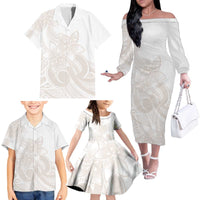 Polynesian Tribal Plumeria Lotu Tamaiti Family Matching Off The Shoulder Long Sleeve Dress and Hawaiian Shirt Pastel Nude - Polynesian Pride