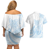 Polynesian Tribal Plumeria Lotu Tamaiti Couples Matching Off Shoulder Short Dress and Hawaiian Shirt Pastel Sky Blue - Polynesian Pride