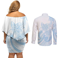 Polynesian Tribal Plumeria Lotu Tamaiti Couples Matching Off Shoulder Short Dress and Long Sleeve Button Shirt Pastel Sky Blue - Polynesian Pride