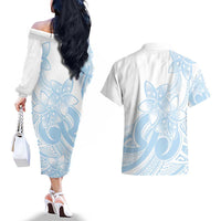 Polynesian Tribal Plumeria Lotu Tamaiti Couples Matching Off The Shoulder Long Sleeve Dress and Hawaiian Shirt Pastel Sky Blue - Polynesian Pride