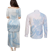 Polynesian Tribal Plumeria Lotu Tamaiti Couples Matching Puletasi and Long Sleeve Button Shirt Pastel Sky Blue - Polynesian Pride
