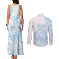 Polynesian Tribal Plumeria Lotu Tamaiti Couples Matching Tank Maxi Dress and Long Sleeve Button Shirt Pastel Sky Blue - Polynesian Pride