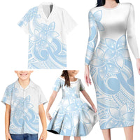 Polynesian Tribal Plumeria Lotu Tamaiti Family Matching Long Sleeve Bodycon Dress and Hawaiian Shirt Pastel Sky Blue - Polynesian Pride