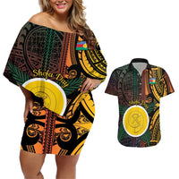 Personalised Shefa Day Couples Matching Off Shoulder Short Dress and Hawaiian Shirt Happy June 18 Vanuatu Province LT14 Black - Polynesian Pride