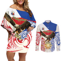 Philippines Independence Day Couples Matching Off Shoulder Short Dress and Long Sleeve Button Shirt Pilipinas Eagle 126th Anniversary LT14 Blue - Polynesian Pride