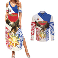 Philippines Independence Day Couples Matching Summer Maxi Dress and Long Sleeve Button Shirt Pilipinas Eagle 126th Anniversary LT14 Blue - Polynesian Pride
