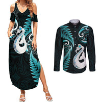 Personalised New Zealand Couples Summer Maxi Dress and Long Sleeve Button Shirts Aotearoa Silver Fern With Manaia Maori Unique Turquoise LT14 Turquoise - Polynesian Pride