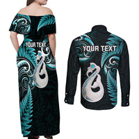 Personalised New Zealand Couples Off Shoulder Maxi Dress and Long Sleeve Button Shirts Aotearoa Silver Fern With Manaia Maori Unique Turquoise LT14 - Polynesian Pride