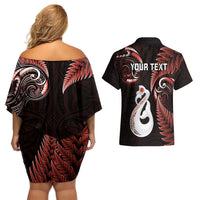 Personalised New Zealand Couples Off Shoulder Short Dress and Hawaiian Shirt Aotearoa Silver Fern With Manaia Maori Unique Red LT14 - Polynesian Pride