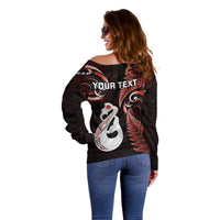 Personalised New Zealand Off Shoulder Sweater Aotearoa Silver Fern With Manaia Maori Unique Red LT14 - Polynesian Pride