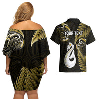 Personalised New Zealand Couples Off Shoulder Short Dress and Hawaiian Shirt Aotearoa Silver Fern With Manaia Maori Unique Gold LT14 - Polynesian Pride