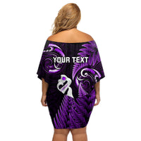 Personalised New Zealand Off Shoulder Short Dress Aotearoa Silver Fern With Manaia Maori Unique Purple LT14 - Polynesian Pride
