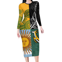 Personalised Rugby 2025 Championship Long Sleeve Bodycon Dress Combination of Southern Hemisphere Countries - Polynesian Pride