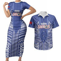 Custom Manu Samoa Rugby 2026 Couples Matching Short Sleeve Bodycon Dress and Hawaiian Shirt Samoan Pattern LT14 Blue - Polynesian Pride