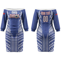 Custom Manu Samoa Rugby 2026 Family Matching Off The Shoulder Long Sleeve Dress and Hawaiian Shirt Samoan Pattern LT14 Mom's Dress Blue - Polynesian Pride