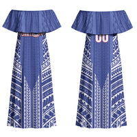 Custom Manu Samoa Rugby 2026 Family Matching Off Shoulder Maxi Dress and Hawaiian Shirt Samoan Pattern LT14 Mom's Dress Blue - Polynesian Pride