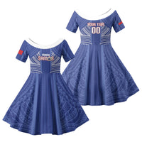 Custom Manu Samoa Rugby 2026 Family Matching Off Shoulder Maxi Dress and Hawaiian Shirt Samoan Pattern LT14 Daughter's Dress Blue - Polynesian Pride
