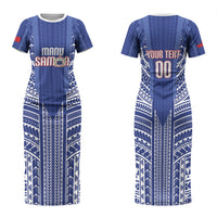 Custom Manu Samoa Rugby 2026 Family Matching Short Sleeve Bodycon Dress and Hawaiian Shirt Samoan Pattern LT14 Mom's Dress Blue - Polynesian Pride