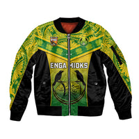 Papua New Guinea Rugby Sleeve Zip Bomber Jacket Enga Mioks PNG Polynesian Pattern LT14 Unisex Green - Polynesian Pride