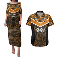 Papua New Guinea Rugby Couples Matching Puletasi Dress and Hawaiian Shirt Lae Snax Tigers PNG Polynesian Pattern LT14 Orange - Polynesian Pride