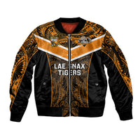 Papua New Guinea Rugby Sleeve Zip Bomber Jacket Lae Snax Tigers PNG Polynesian Pattern LT14 Unisex Orange - Polynesian Pride