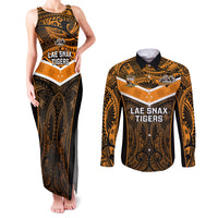 Custom Papua New Guinea Rugby Couples Matching Tank Maxi Dress and Long Sleeve Button Shirts Lae Snax Tigers PNG Polynesian Pattern LT14 Orange - Polynesian Pride