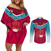 Papua New Guinea Rugby Couples Matching Off Shoulder Short Dress and Long Sleeve Button Shirts Goroka Lahanis PNG Polynesian Pattern LT14 Red - Polynesian Pride