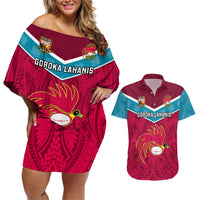 Custom Papua New Guinea Rugby Couples Matching Off Shoulder Short Dress and Hawaiian Shirt Goroka Lahanis PNG Polynesian Pattern LT14 Red - Polynesian Pride
