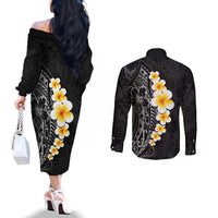 Black Tropical Plumeria With Galaxy Polynesian Art Couples Matching Off The Shoulder Long Sleeve Dress and Long Sleeve Button Shirt