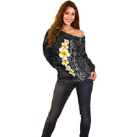 Black Tropical Plumeria With Galaxy Polynesian Art Off Shoulder Sweater