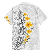 White Tropical Plumeria With Galaxy Polynesian Art Family Matching Off The Shoulder Long Sleeve Dress and Hawaiian Shirt