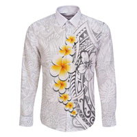White Tropical Plumeria With Galaxy Polynesian Art Family Matching Off The Shoulder Long Sleeve Dress and Hawaiian Shirt