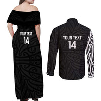 New Zealand Silver Fern Rugby Custom Couples Matching Off Shoulder Maxi Dress and Long Sleeve Button Shirt Maori Koru Go Black Fern - Polynesian Pride