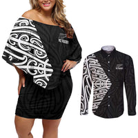 New Zealand Silver Fern Rugby Custom Couples Matching Off Shoulder Short Dress and Long Sleeve Button Shirt Maori Koru Go Black Fern - Polynesian Pride