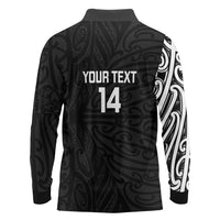 New Zealand Silver Fern Rugby Custom Long Sleeve Polo Shirt Maori Koru Go Black Fern - Polynesian Pride