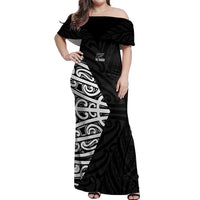 New Zealand Silver Fern Rugby Custom Off Shoulder Maxi Dress Maori Koru Go Black Fern - Polynesian Pride