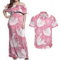 Pink Aloha Hawaii Couples Matching Off Shoulder Maxi Dress and Hawaiian Shirt Monstera Hibiscus Plumeria Seamless Vibes - Polynesian Pride