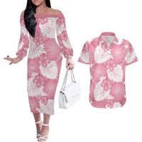 Pink Aloha Hawaii Couples Matching Off The Shoulder Long Sleeve Dress and Hawaiian Shirt Monstera Hibiscus Plumeria Seamless Vibes - Polynesian Pride