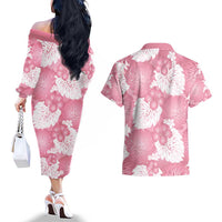 Pink Aloha Hawaii Couples Matching Off The Shoulder Long Sleeve Dress and Hawaiian Shirt Monstera Hibiscus Plumeria Seamless Vibes - Polynesian Pride