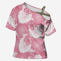 Pink Aloha Hawaii Cross Shoulder Shirt Monstera Hibiscus Plumeria Seamless Vibes - Polynesian Pride