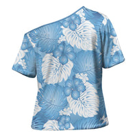 Blue Aloha Hawaii Cross Shoulder Shirt Monstera Hibiscus Plumeria Seamless Vibes - Polynesian Pride