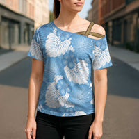 Blue Aloha Hawaii Cross Shoulder Shirt Monstera Hibiscus Plumeria Seamless Vibes - Polynesian Pride