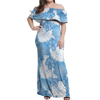 Blue Aloha Hawaii Off Shoulder Maxi Dress Monstera Hibiscus Plumeria Seamless Vibes - Polynesian Pride