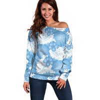 Blue Aloha Hawaii Off Shoulder Sweater Monstera Hibiscus Plumeria Seamless Vibes - Polynesian Pride
