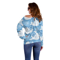 Blue Aloha Hawaii Off Shoulder Sweater Monstera Hibiscus Plumeria Seamless Vibes - Polynesian Pride