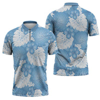 Blue Aloha Hawaii Zipper Polo Shirt Monstera Hibiscus Plumeria Seamless Vibes - Polynesian Pride