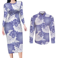 Purple Aloha Hawaii Couples Matching Long Sleeve Bodycon Dress and Long Sleeve Button Shirt Monstera Hibiscus Plumeria Seamless Vibes - Polynesian Pride